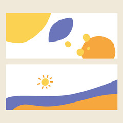 Abstract summer background cards set. Tropical shapes art concept on yellow and blue color. Horizontal minimalist style design templates for celebration, ads, branding, banner, cover, poster, sales.