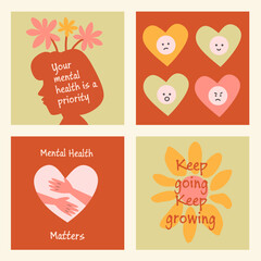 World Mental Health Day Background set. Mental Health care concept, heart shaped on red, pink color. Poster, Banner, Flyer, Template, Social Media Post. Mental wellness. October. Vector illustration.