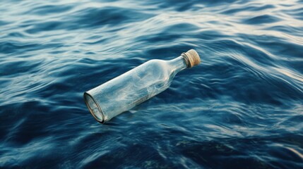 Glass bottle with cork floating on blue ocean water.