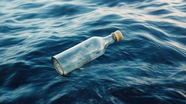 Glass bottle with cork floating on blue ocean water.