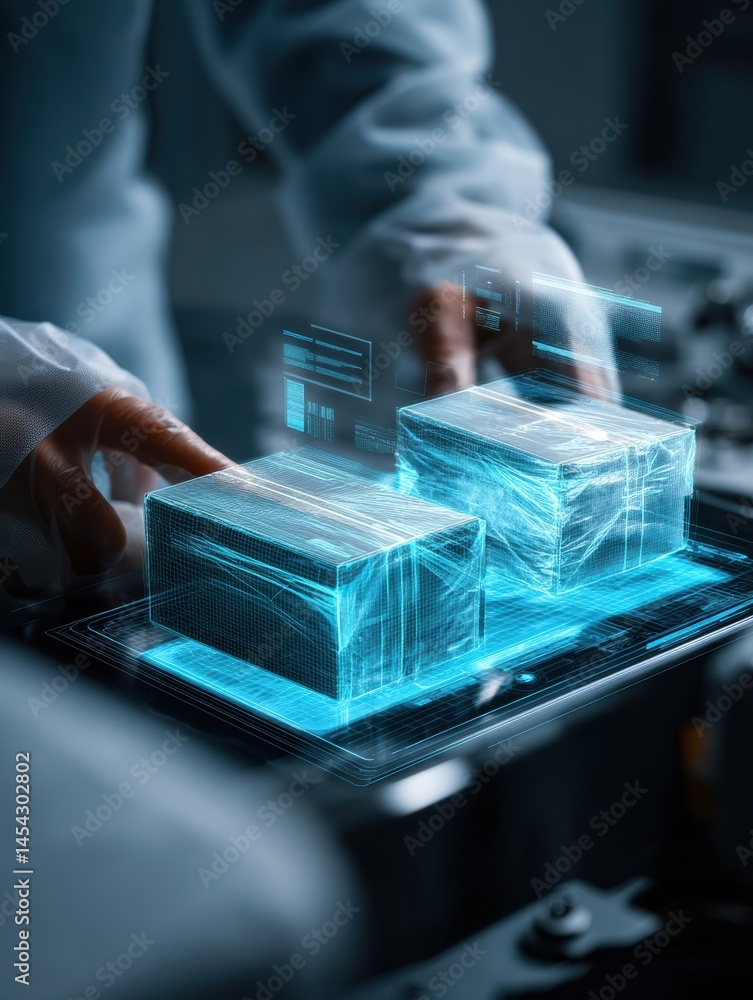 Poster digital twin technology enhances live tracking of packages with holograms displayed in a modern ware