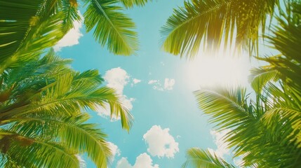 Sunny tropical palm tree leaves against a blue sky.