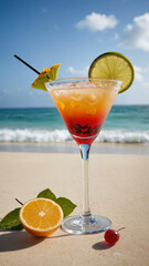 Obraz premium Beachside Cocktails Creative Glassware Vibrant Garnish Tropical Drinks Artistic Presentation Refreshing Summer Cocktails Colorful Fruit Exotic Beach Party Drinks