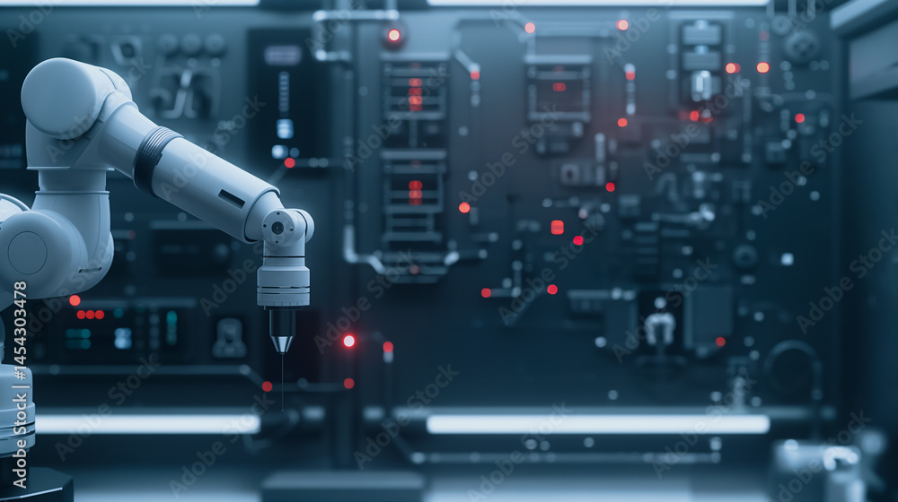Poster robotic arm and control panel: a close-up view of a robotic arm positioned before a complex control 