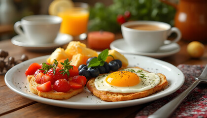 Breakfast with a poached egg: A stylish breakfast with a poached egg including a glass of freshly squeezed juice, a cup of coffee and a fruit salad. 