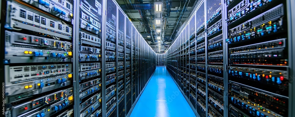 Poster a panoramic view of a modern data center, showcasing rows of servers filled with blinking lights, re