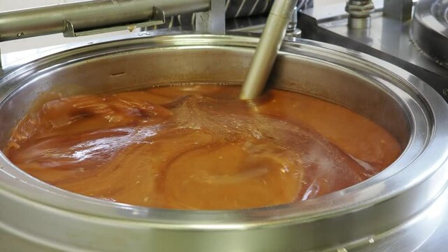Artisan food production company, pan of sauce being heated and blitzed with a stick blender.