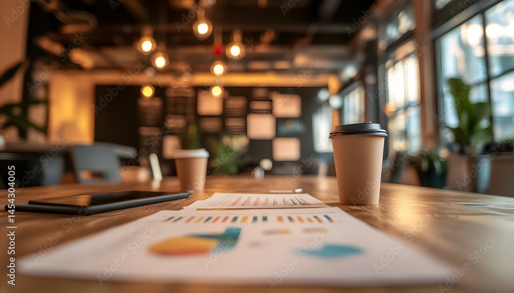 Poster a stylish workspace featuring coffee cups and documents with charts, representing productivity and c