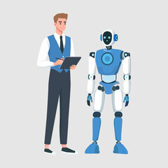a man is checking an advanced robot with a checklist so that all components fit