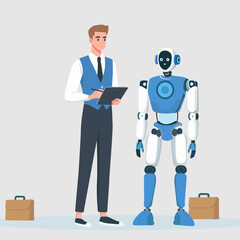 a man checks his robot