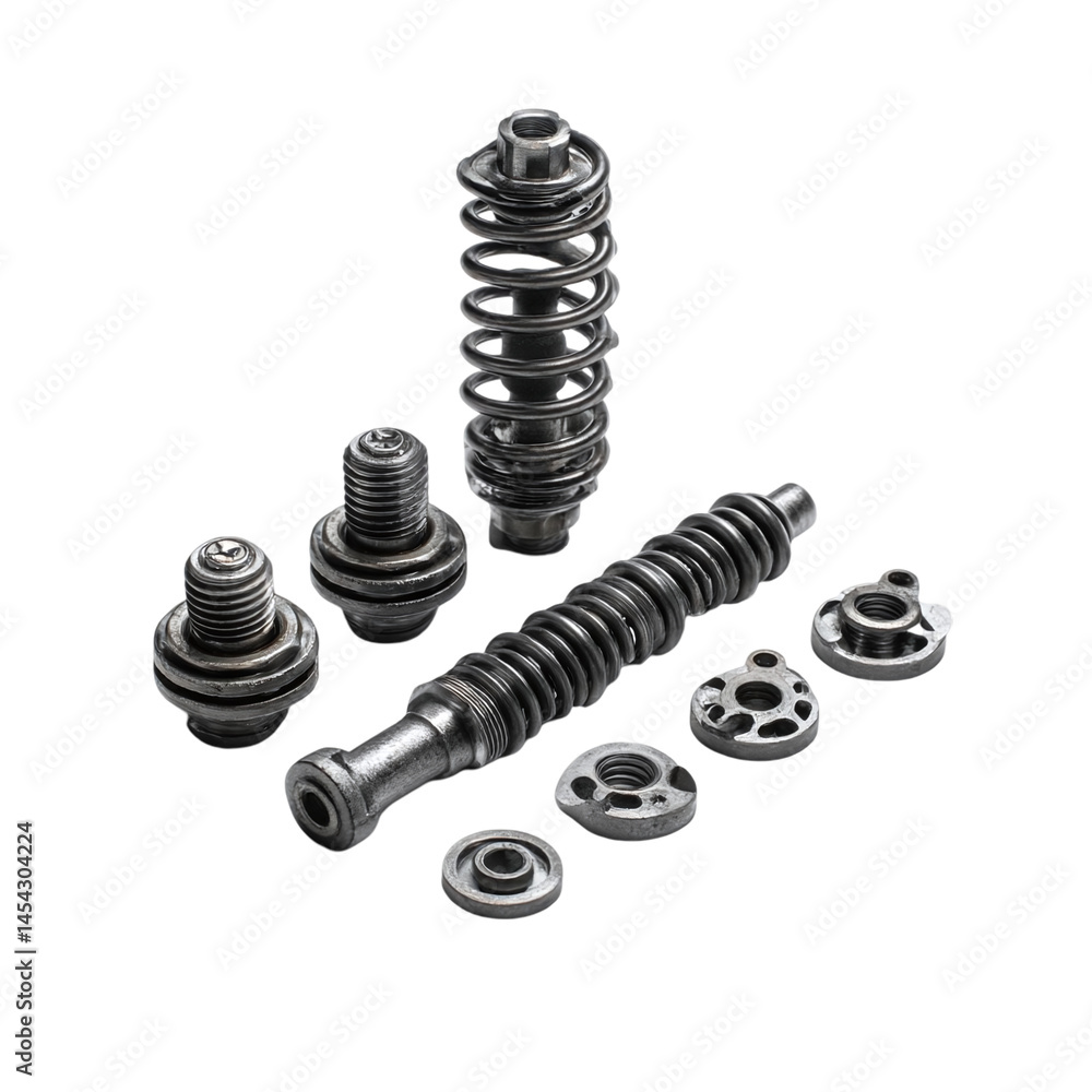 Aufkleber close-up view of various mechanical components arranged on a dark background, showcasing intricate d