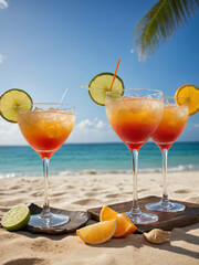 Beachside Cocktails Creative Glassware Vibrant Garnish Tropical Drinks Artistic Presentation Refreshing Summer Cocktails Colorful Fruit Exotic Beach Party Drinks
