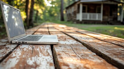 Laptop on rustic wood, cabin background, bright