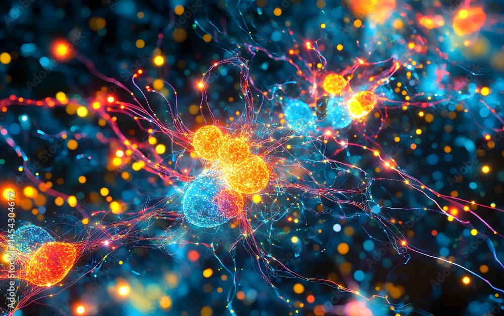 Poster an abstract representation of neural networks showcasing vibrant colors and dynamic connections. thi