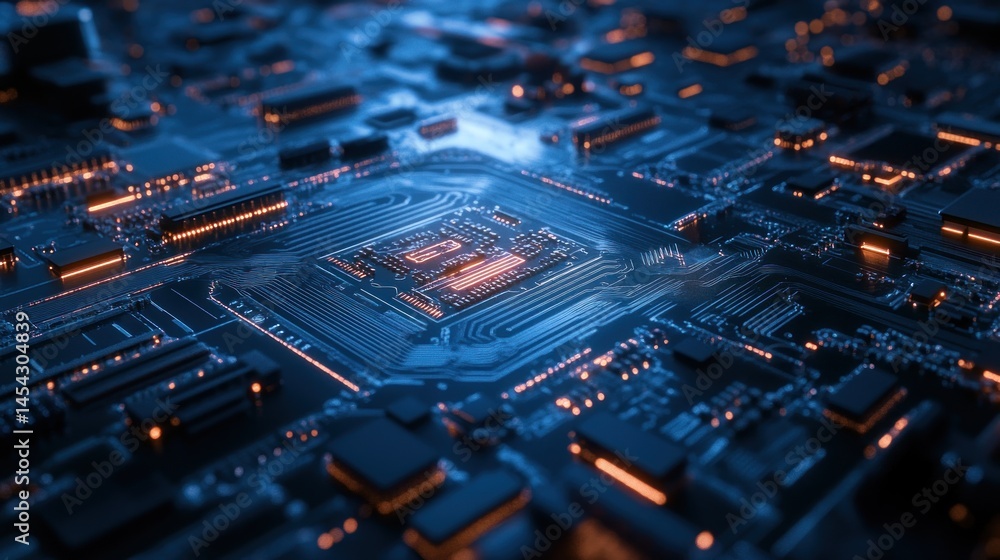 Poster close-up of illuminated circuit board with central processor. (1)