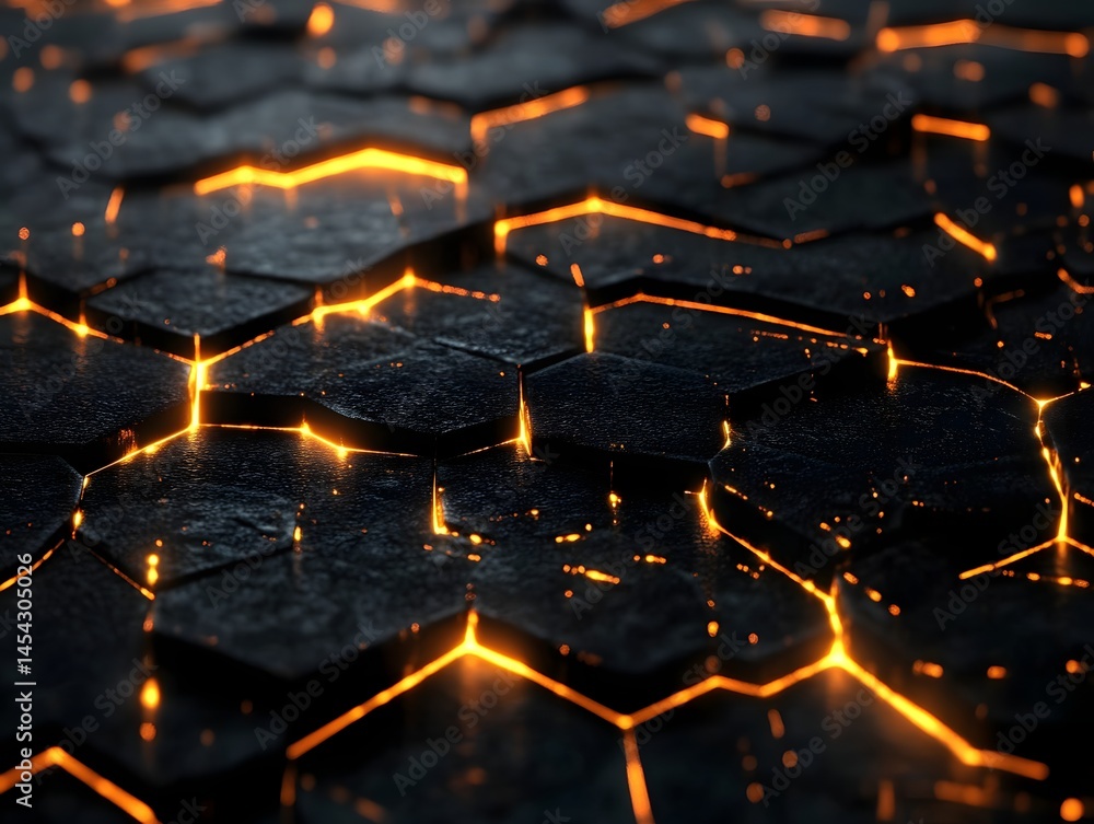 Poster an intricate pattern of hexagonal tiles with glowing cracks. the dark surface is illuminated by warm