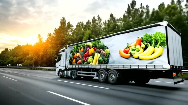 A European white truck transporting fresh produce on a highway, with large images of fruits and vegetables displayed on its cargo container, symbolizing food supply logistics.