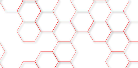 Abstract white background with red hexagons seamless pattern and geometric in vector design. Futuristic blue neon honeycombs. Modern technology design .Minimal style website banner, decoration .