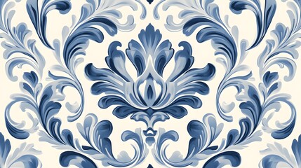 Digital illustration of ornate, stylized blue and white floral baroque pattern.