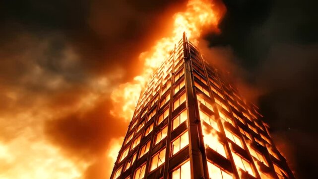 A horrifying scene of a high-rise reduced to a fiery skeleton, with beams collapsing as the intense flames devour everything in their path.