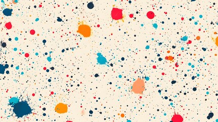 Digital illustration of scattered paint splatters in various shades of red, orange, and blue across a cream background.