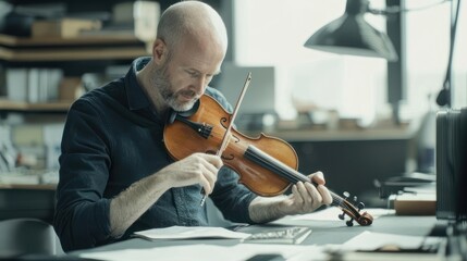 Expert musician examining a specimen in a modern office, realistic, no logos, stock photo style