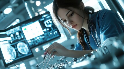 Expert nurse calibrating instruments in a tech startup, realistic, no logos, stock photo style