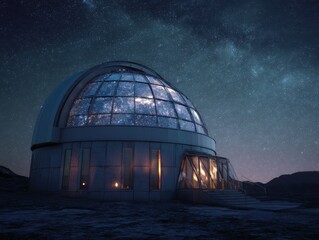 Obraz premium Nighttime observatory under the stars with a glass dome, inviting exploration of the universe and sparking astronomical wonder.