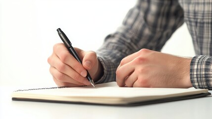 Close up of a Mans Hands Writing in a Notebook with a Pen