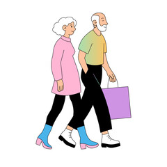 Stylish senior couple walking with shopping bag