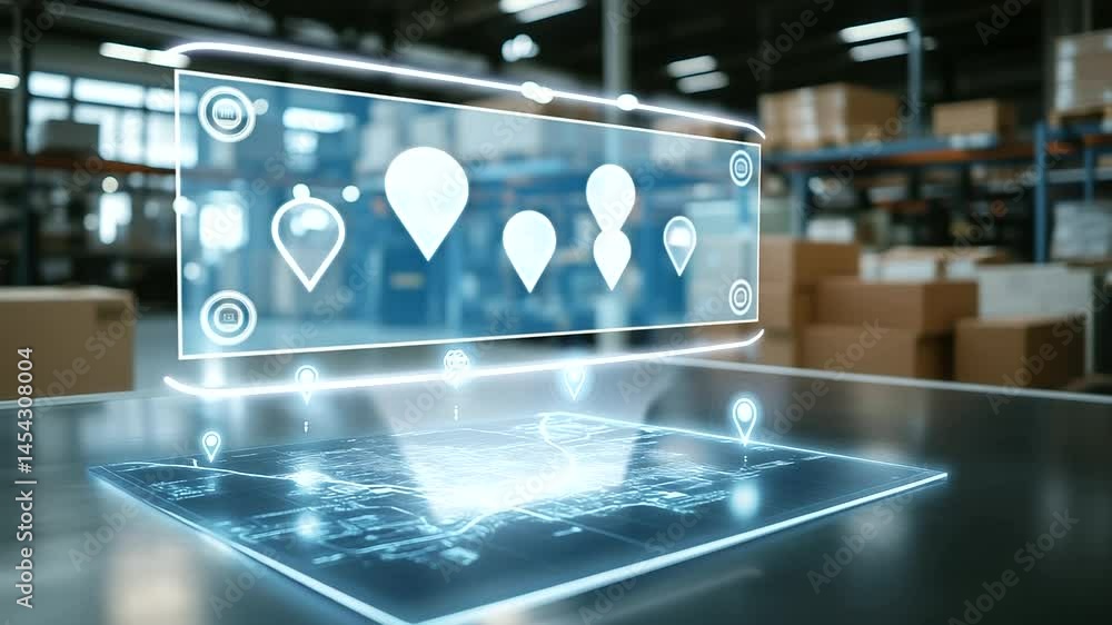 Poster a modern warehouse with a holographic d map floating above a table, showing various packages moving 