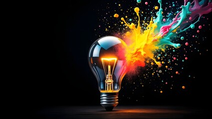 A bright electric light bulb glows on a black background, symbolizing an idea and innovation