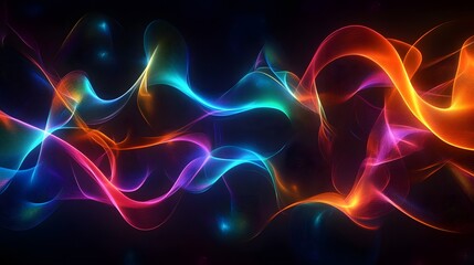 Fototapeta premium Abstract digital illustration of vibrant, flowing ribbons in pink, blue, and orange against a dark background.