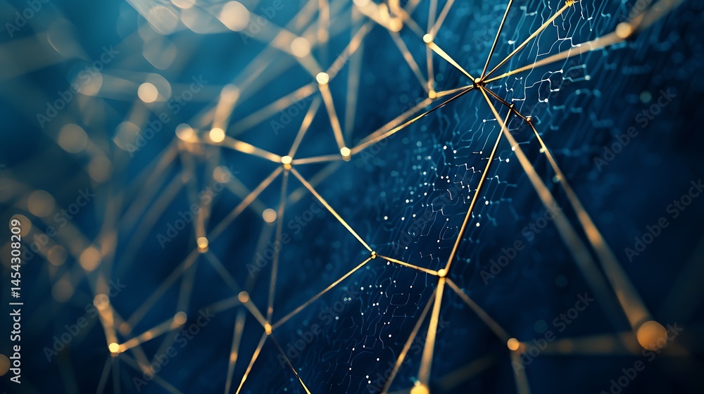 Poster abstract glowing golden nodes connected by lines on a textured blue background, suggesting a digital