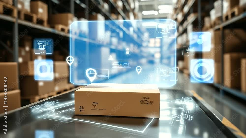 Aufkleber a modern warehouse with a holographic d map floating above a table, showing various packages moving 