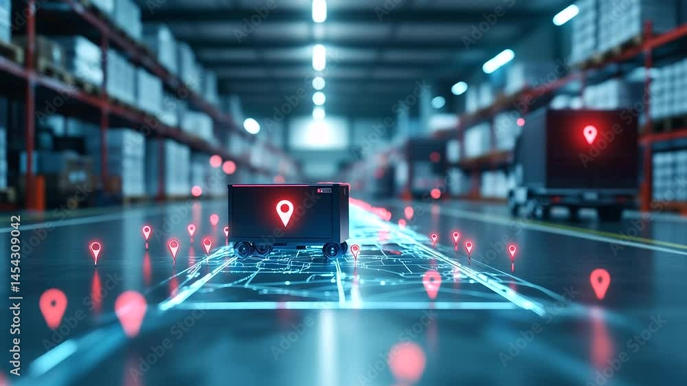 Poster a high-tech warehouse with a floating d map projection, where location pins highlight the movement o