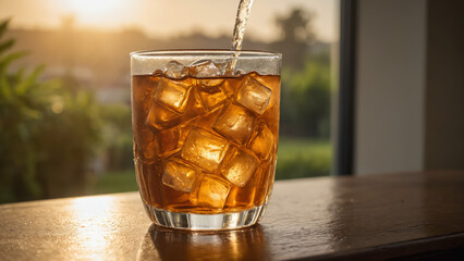 Cold Brew Coffee Iced Tea Condensation on Glass Golden Hour Light Refreshing Chilled Beverage Warm Sunset Glow Frosty Dewy Surface Soft Golden Lighting