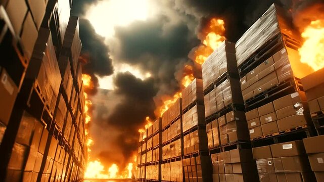 A warehouse filled with towering stacks of boxes burns intensely, embers floating through the thick, acrid smoke as the structure begins to collapse.