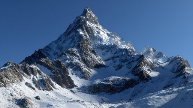 A majestic snow-capped mountain peak rises against a clear blue sky, showcasing its rugged beauty and inspi a sense of awe and wonder in the viewer.