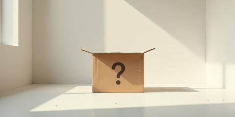 Unopened Cardboard Box with Question Mark Inside, a Symbol of Mystery and the Unknown, Sitting on a White Surface in a Room with Sunlight Streaming Through a Window