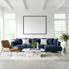 Frame mockup, ISO A paper size. Living room wall poster mockup. Interior mockup with house background. Modern interior design. 3D render 
