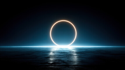 Abstract circular light pattern in gradient blue tones, symbolizing global connectivity and harmony