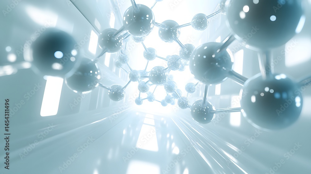Poster abstract illustration of a molecular structure within a futuristic space.