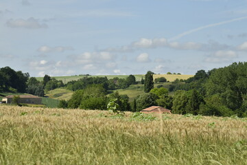 Nuages gris et éclaircies au dessus d'un paysage rural de collines boisées près du bourg de Champagne au Périgord Vert  © Photocolorsteph