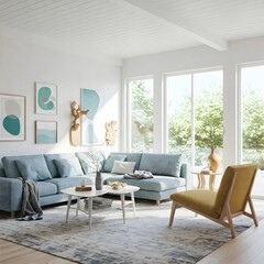 Fototapeta premium Frame mockup, ISO A paper size. Living room wall poster mockup. Interior mockup with house background. Modern interior design. 3D render 