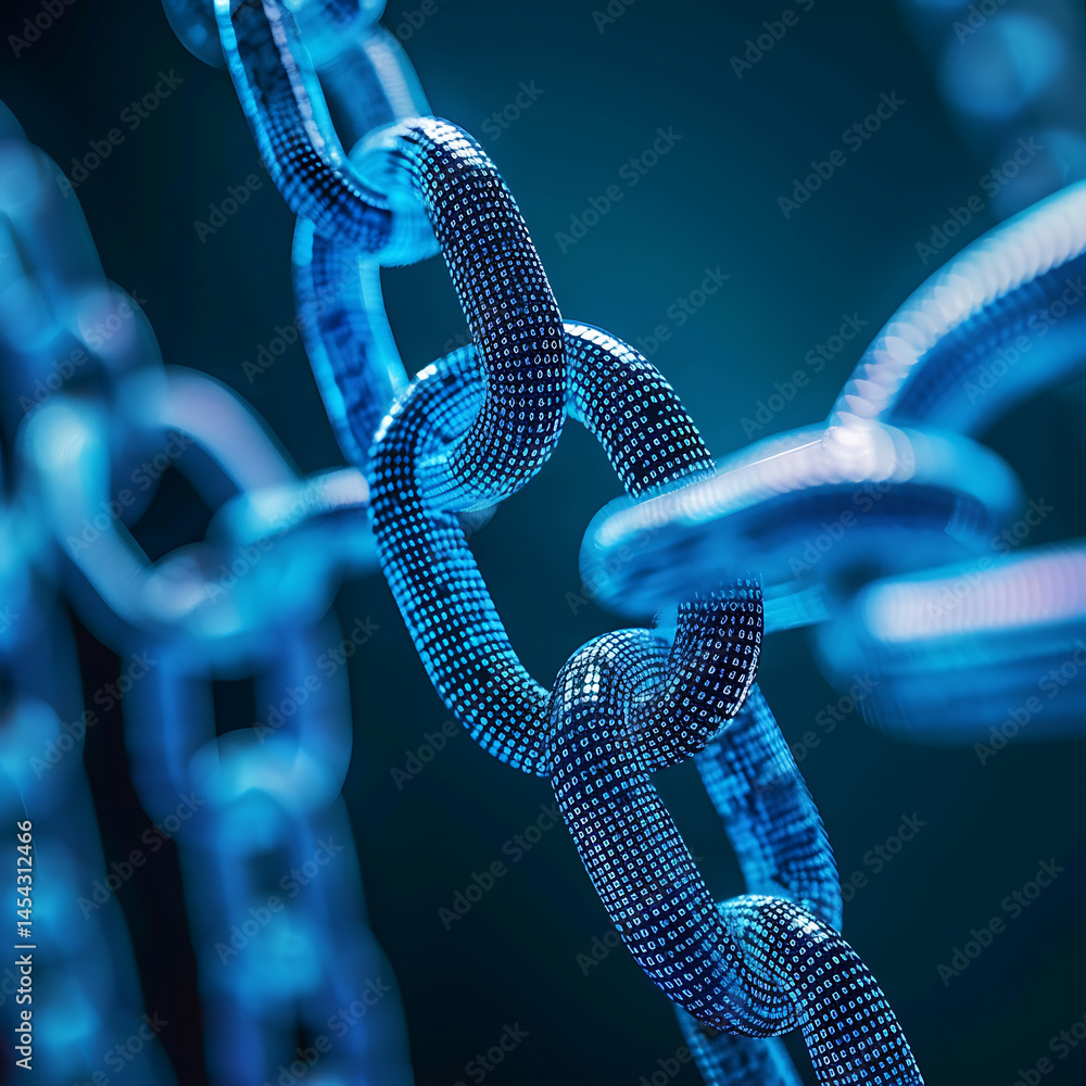 Poster close-up of interconnected chain links with a blue, futuristic digital texture. concept of strength,