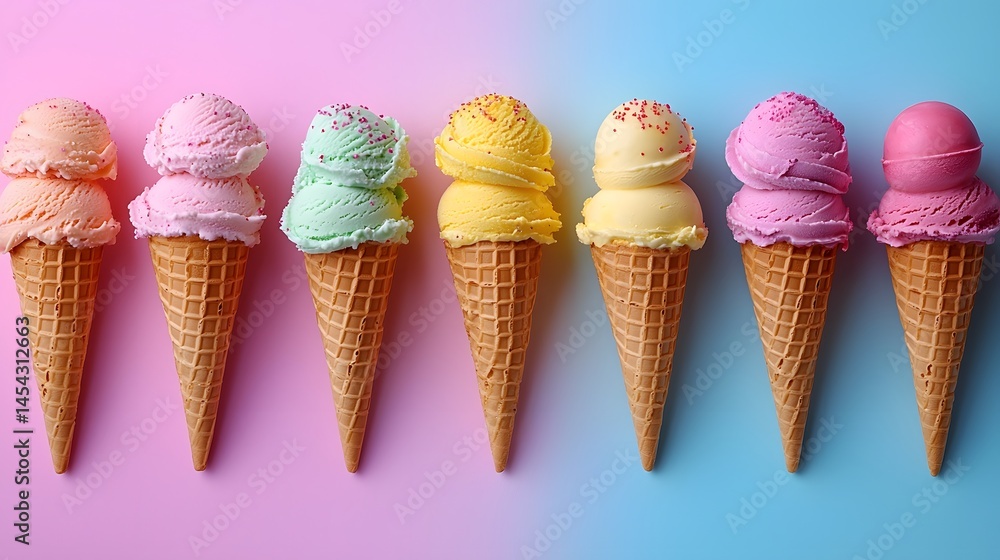 Poster an array of pastel colored ice cream cones and popsicles against a gradient background