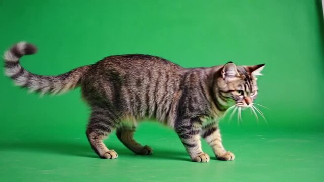 Tabby cat standing on a green background looking directly at the camera in a studio setting green screen video