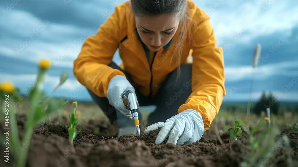 Poster a scientist delicately extracting soil with a coring tool, placing it into a sample bag for further 