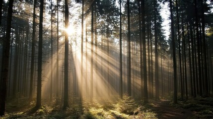 Naklejka premium Sunlight Filtering Through Dense Forest Trees Creating Ethereal Atmosphere and Warm Glow in Nature